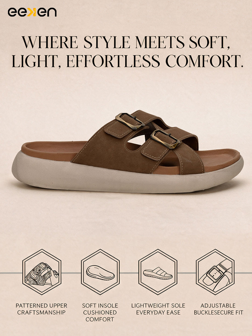 Eeken Men Sandals Comfortable Dual Buckle Cross Strap for Daily Casual and Outdoor Use