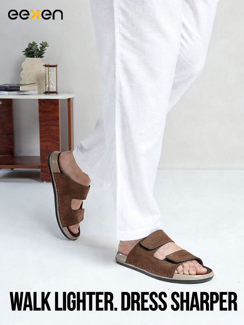 Eeken Men Sandals Velcro Strap Casual Slip On For Daily Use with Cushioned Footbed