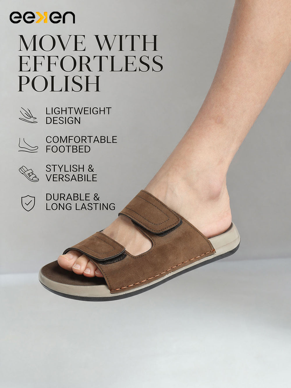 Eeken Men Sandals Velcro Strap Casual Slip On For Daily Use with Cushioned Footbed