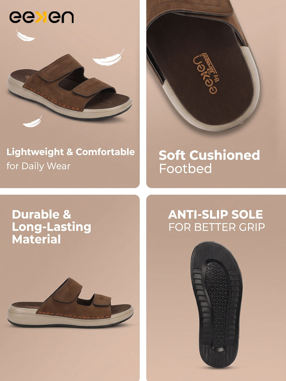 Eeken Men Sandals Velcro Strap Casual Slip On For Daily Use with Cushioned Footbed