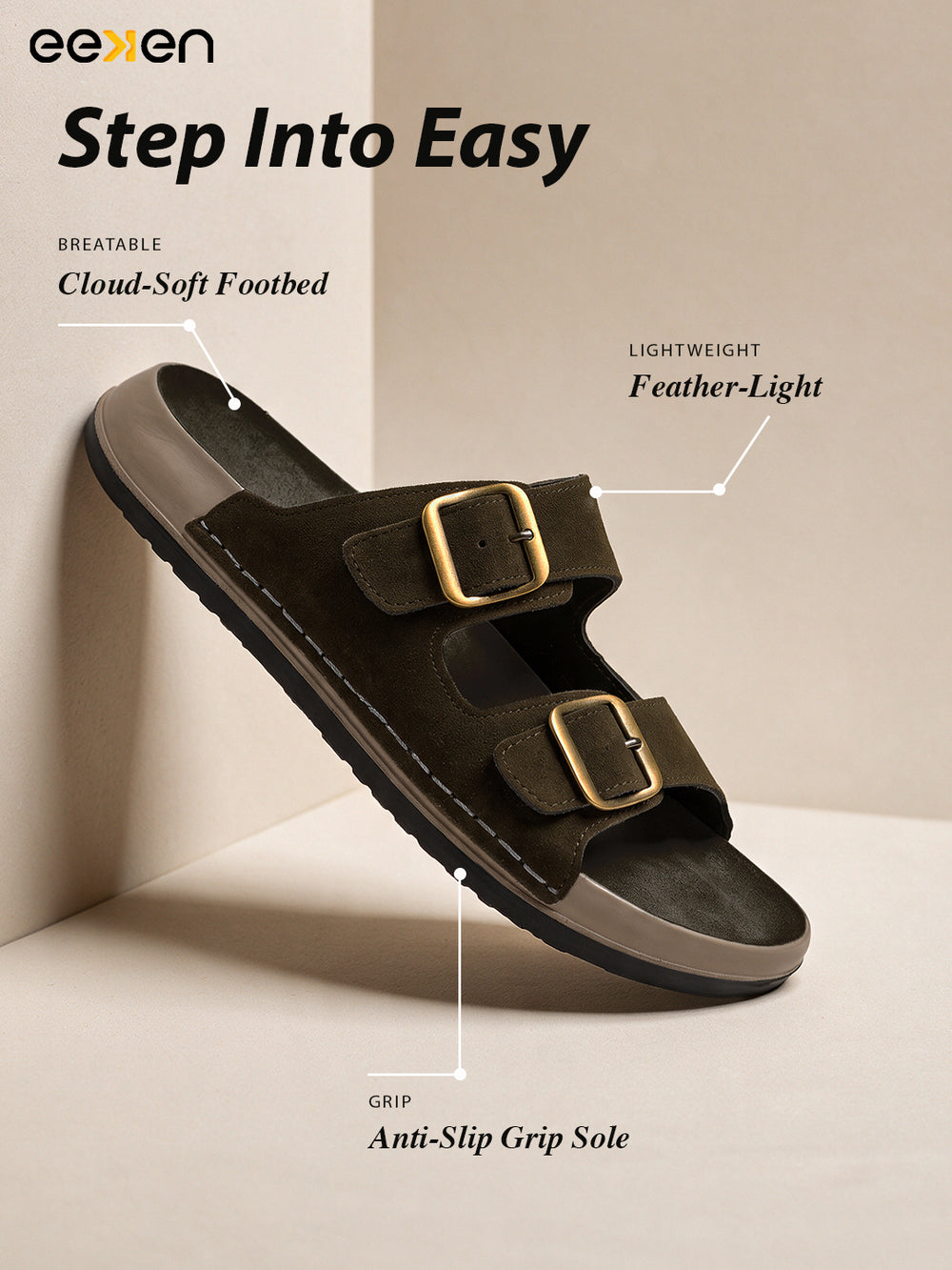 Eeken Men Sandals Leightweight Dual Buckle Slip On for Daily Use