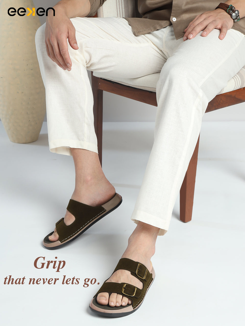 Eeken Men Sandals Leightweight Dual Buckle Slip On for Daily Use