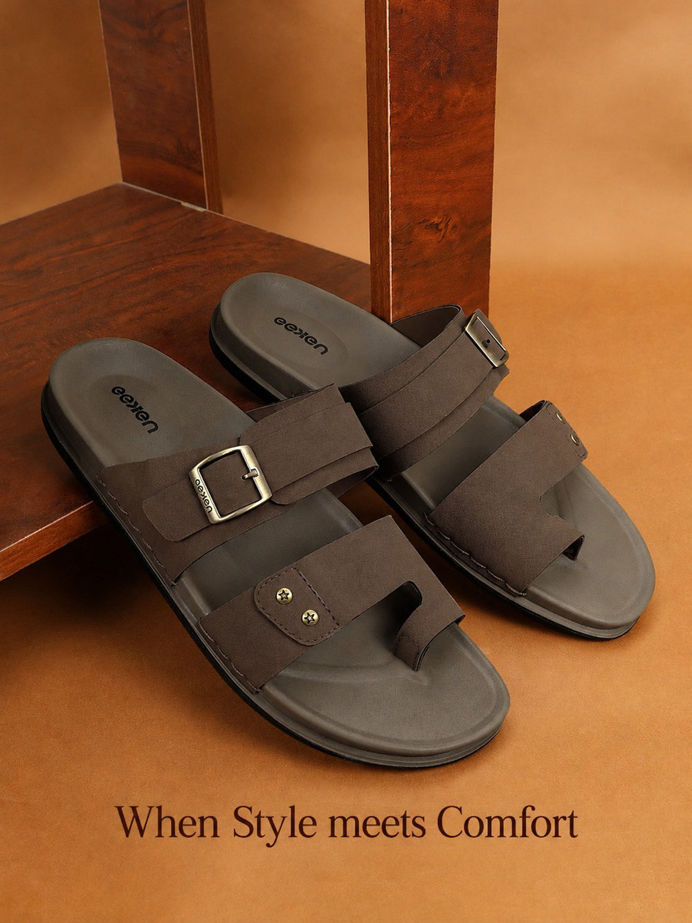 Eeken Men Casual Sandals Soft Footbed | Toe Ring Buckle Strap Slip On | Sleek Dual Strap styling for Daily Outdoor Use