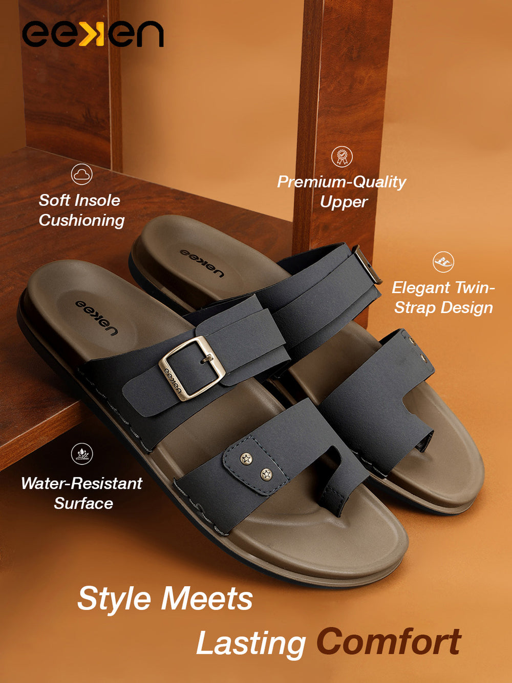 Eeken Men Casual Sandals Soft Footbed | Toe Ring Buckle Strap Slip On | Sleek Dual Strap styling for Daily Outdoor Use