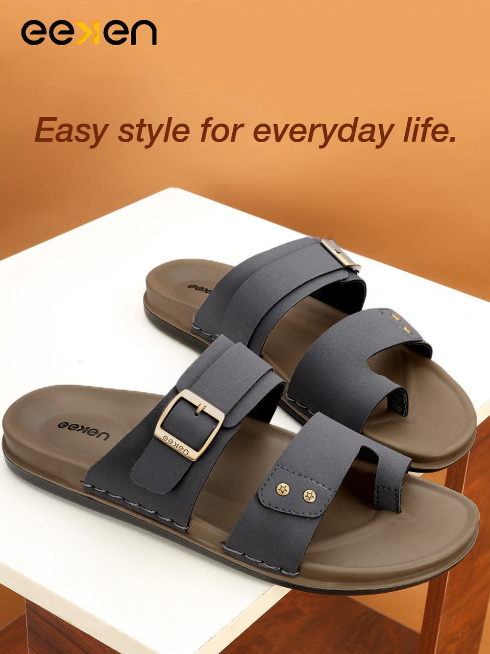 Eeken Men Casual Sandals Soft Footbed | Toe Ring Buckle Strap Slip On | Sleek Dual Strap styling for Daily Outdoor Use