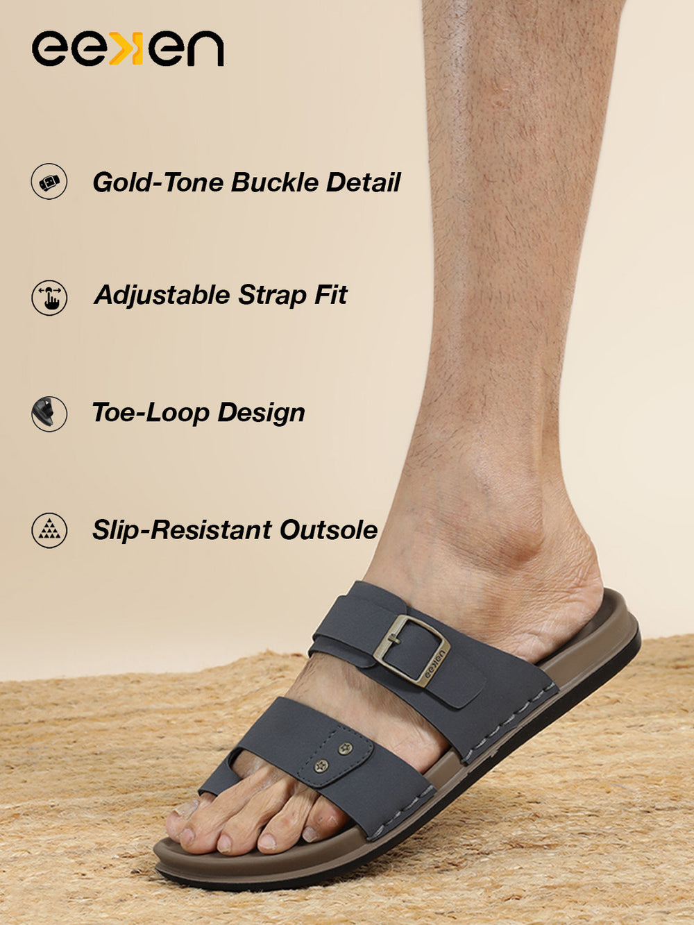 Eeken Men Casual Sandals Soft Footbed | Toe Ring Buckle Strap Slip On | Sleek Dual Strap styling for Daily Outdoor Use