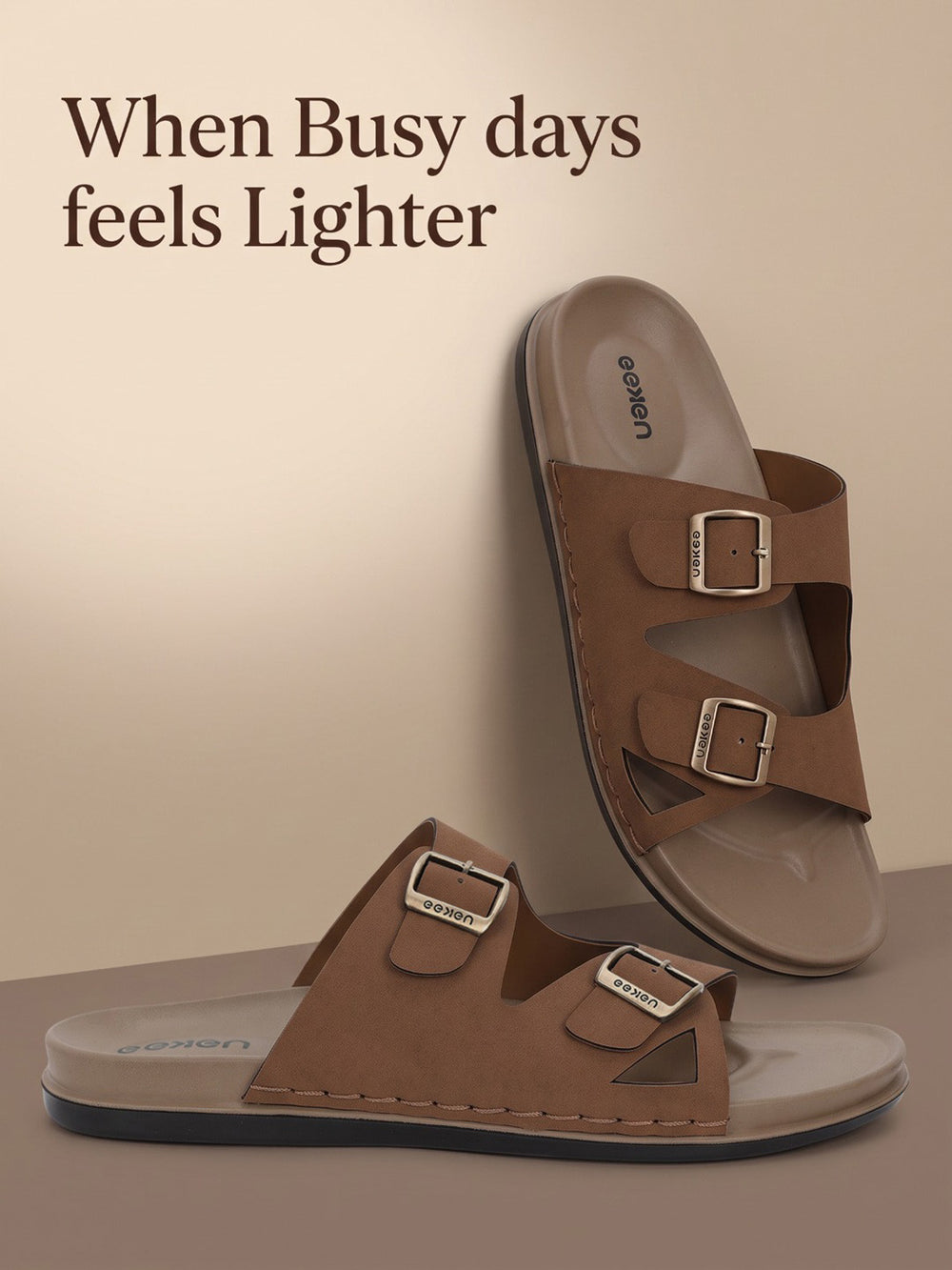 Eeken Men Casual Sandals Cushioned Footbed | Premium finish | Sturdy Grip| Dual Buckle Two Strap Slip On for Daily Outdoor Use