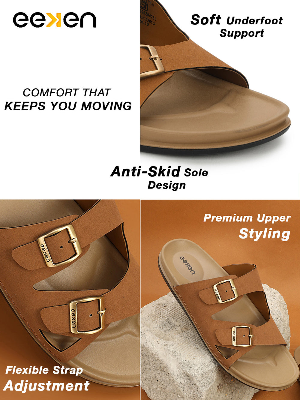 Eeken Men Casual Sandals Cushioned Footbed | Premium finish | Sturdy Grip| Dual Buckle Two Strap Slip On for Daily Outdoor Use
