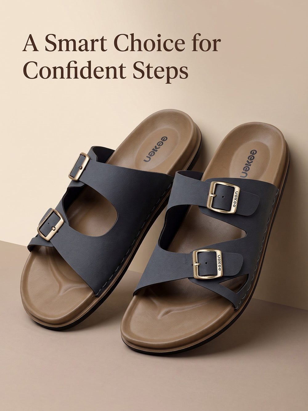 Eeken Men Casual Sandals Cushioned Footbed | Premium finish | Sturdy Grip| Dual Buckle Two Strap Slip On for Daily Outdoor Use