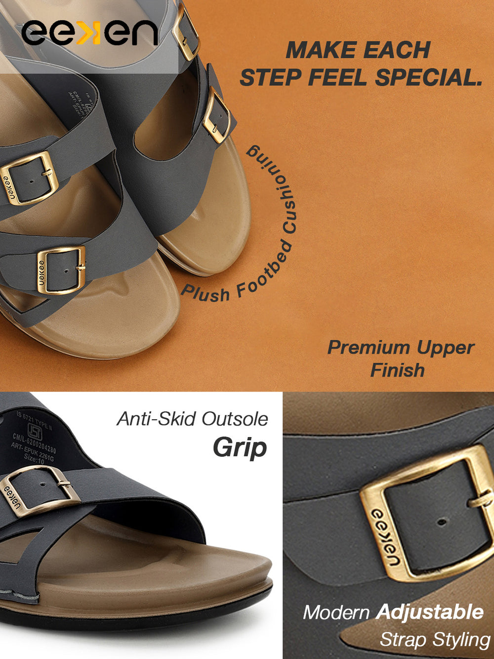 Eeken Men Casual Sandals Cushioned Footbed | Premium finish | Sturdy Grip| Dual Buckle Two Strap Slip On for Daily Outdoor Use