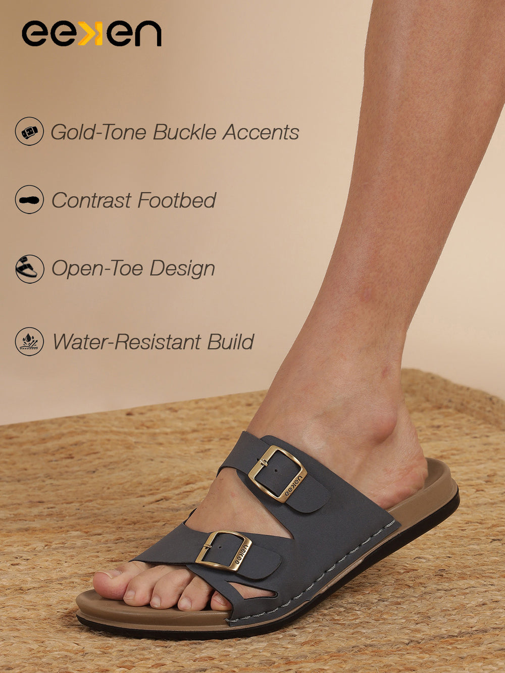 Eeken Men Casual Sandals Cushioned Footbed | Premium finish | Sturdy Grip| Dual Buckle Two Strap Slip On for Daily Outdoor Use