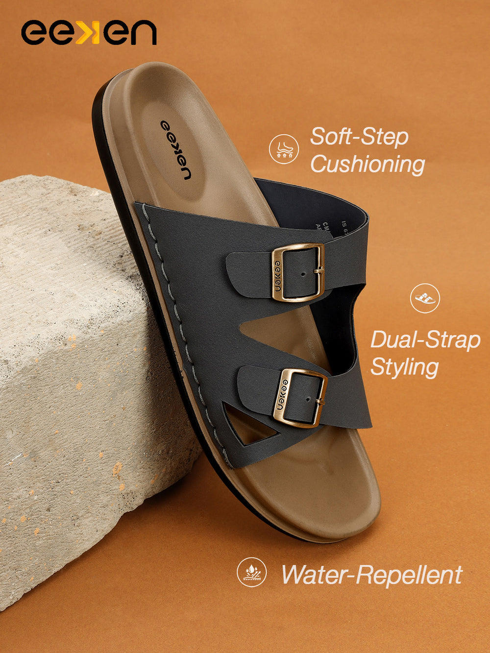 Eeken Men Casual Sandals Cushioned Footbed | Premium finish | Sturdy Grip| Dual Buckle Two Strap Slip On for Daily Outdoor Use