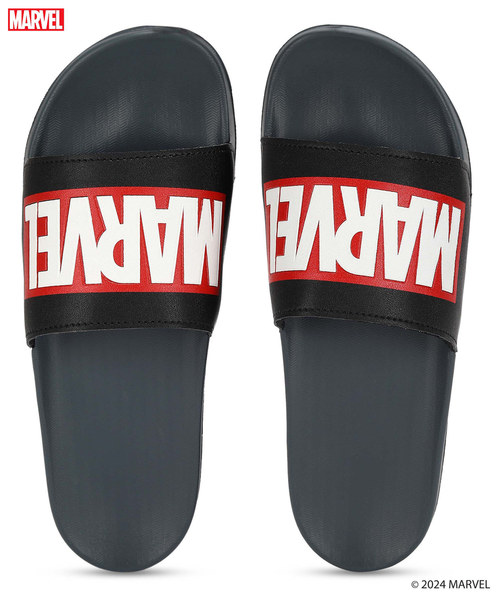 Marvel EVMK10922G Men's Black Sliders | Trendy Sliders with Durable &amp; Cushioned Sole Construction | Waterproof &amp; Lightweight, Perfect for Everyday Casual Wear