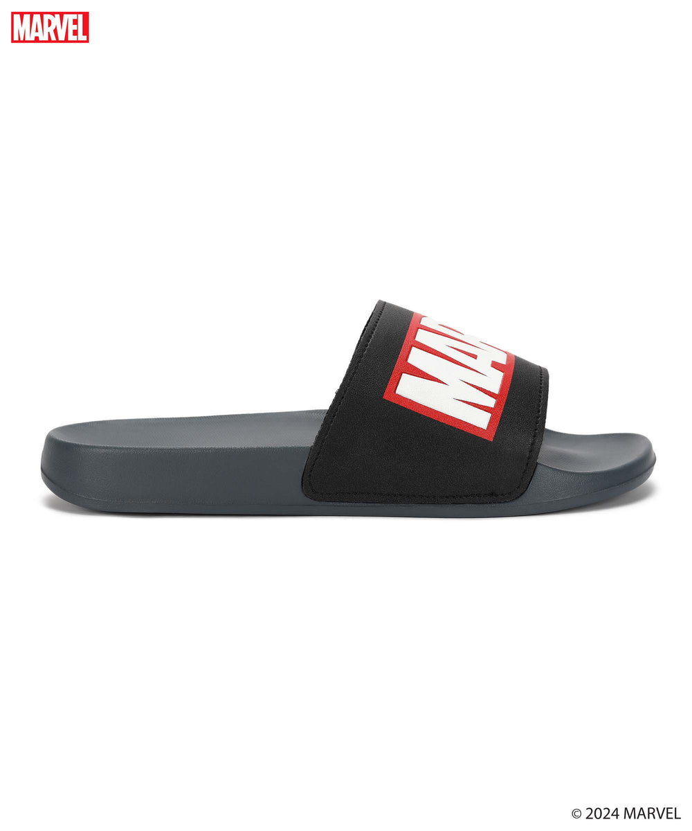 Marvel EVMK10922G Men's Black Sliders | Trendy Sliders with Durable &amp; Cushioned Sole Construction | Waterproof &amp; Lightweight, Perfect for Everyday Casual Wear