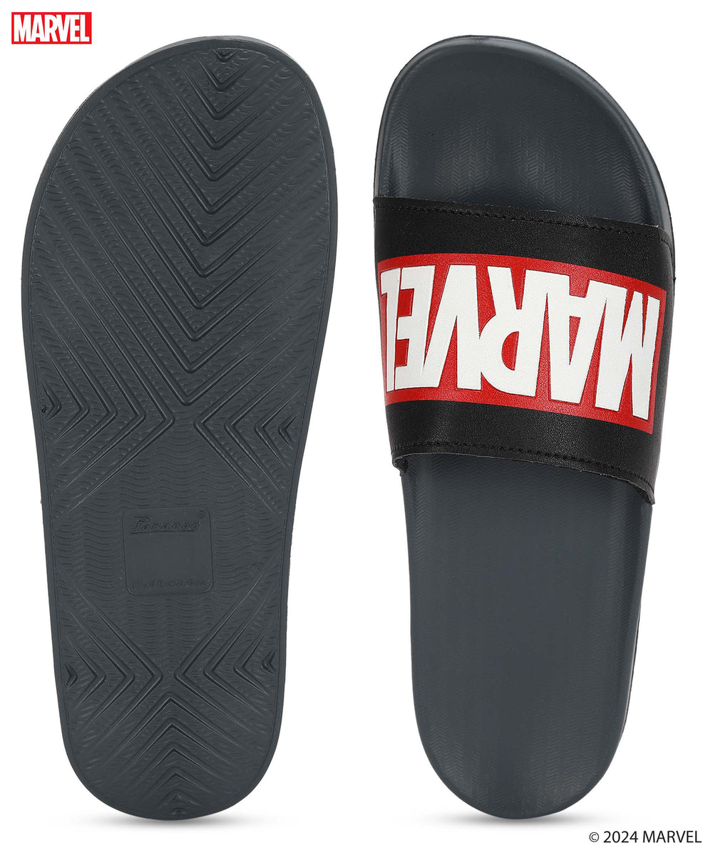 Marvel EVMK10922G Men's Black Sliders | Trendy Sliders with Durable &amp; Cushioned Sole Construction | Waterproof &amp; Lightweight, Perfect for Everyday Casual Wear