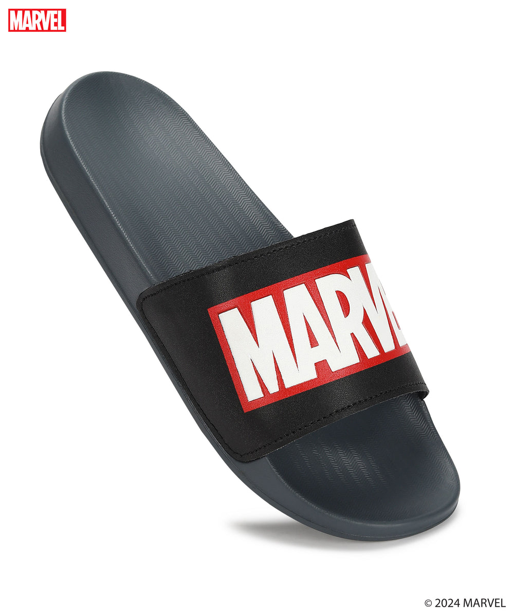 Marvel EVMK10922G Men's Black Sliders | Trendy Sliders with Durable &amp; Cushioned Sole Construction | Waterproof &amp; Lightweight, Perfect for Everyday Casual Wear