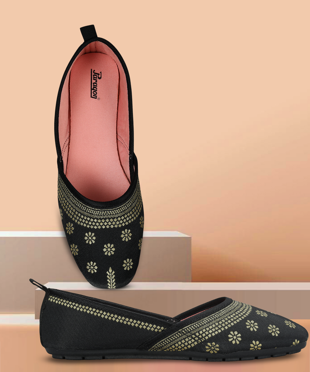 Paragon Women's Bow Black Ethnic Design | Soft Cushioned &amp; Lightweight | Slip-On Flats
