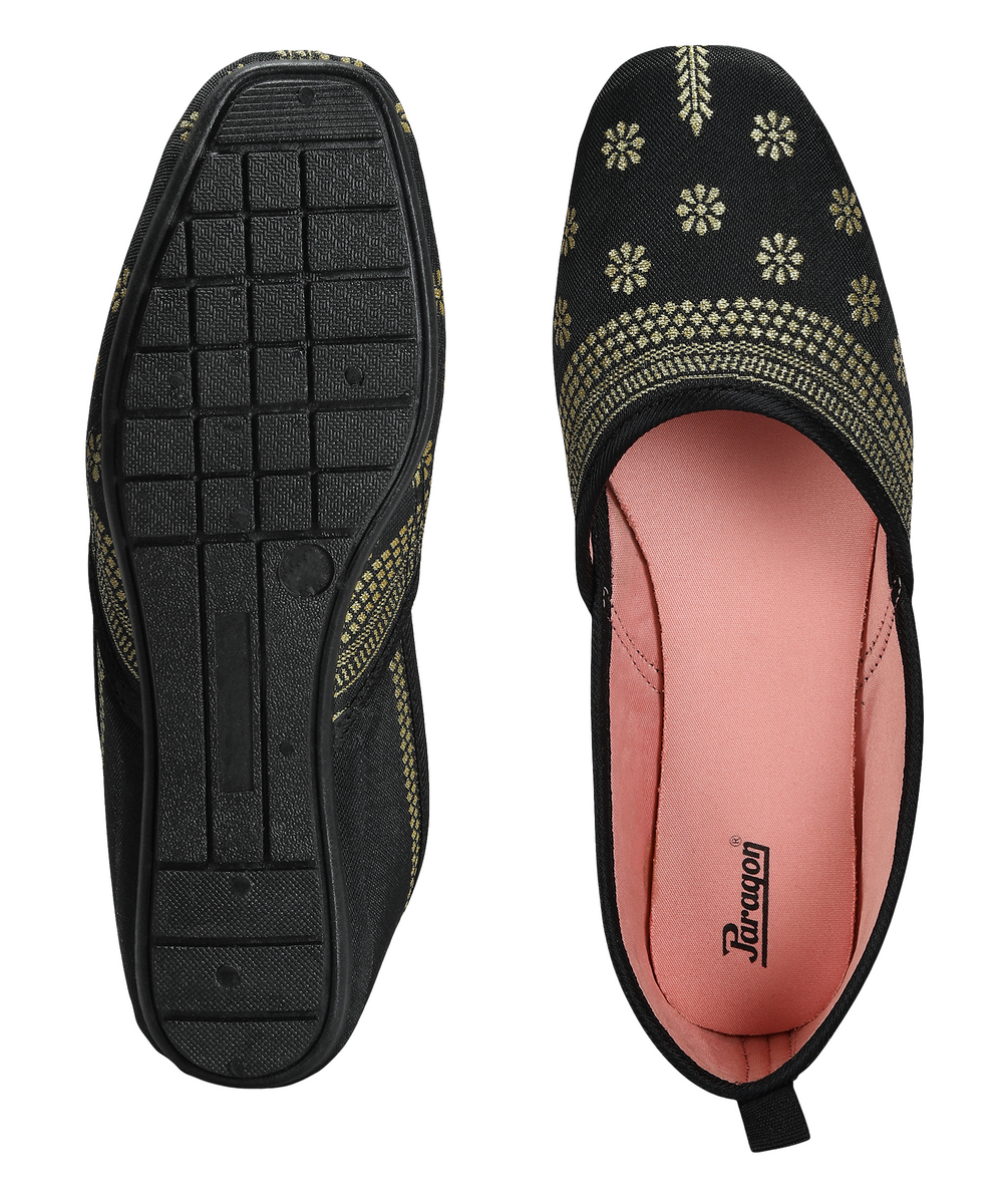 Paragon Women's Bow Black Ethnic Design | Soft Cushioned &amp; Lightweight | Slip-On Flats
