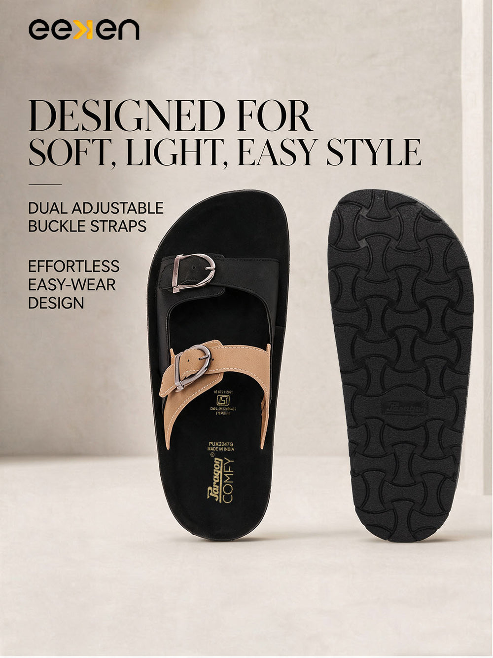 Paragon Men Sandals Dual Buckle Flat Slip On for Comfortable Cushioned Soft Footbed for All Day Use
