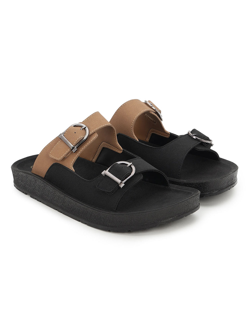 Paragon Men Sandals Dual Buckle Flat Slip On for Comfortable Cushioned Soft Footbed for All Day Use