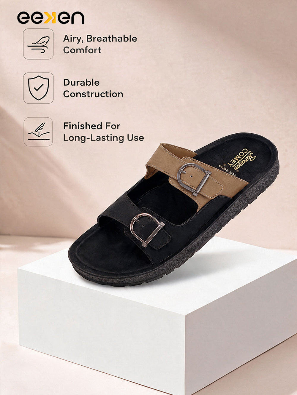 Paragon Men Sandals Dual Buckle Flat Slip On for Comfortable Cushioned Soft Footbed for All Day Use