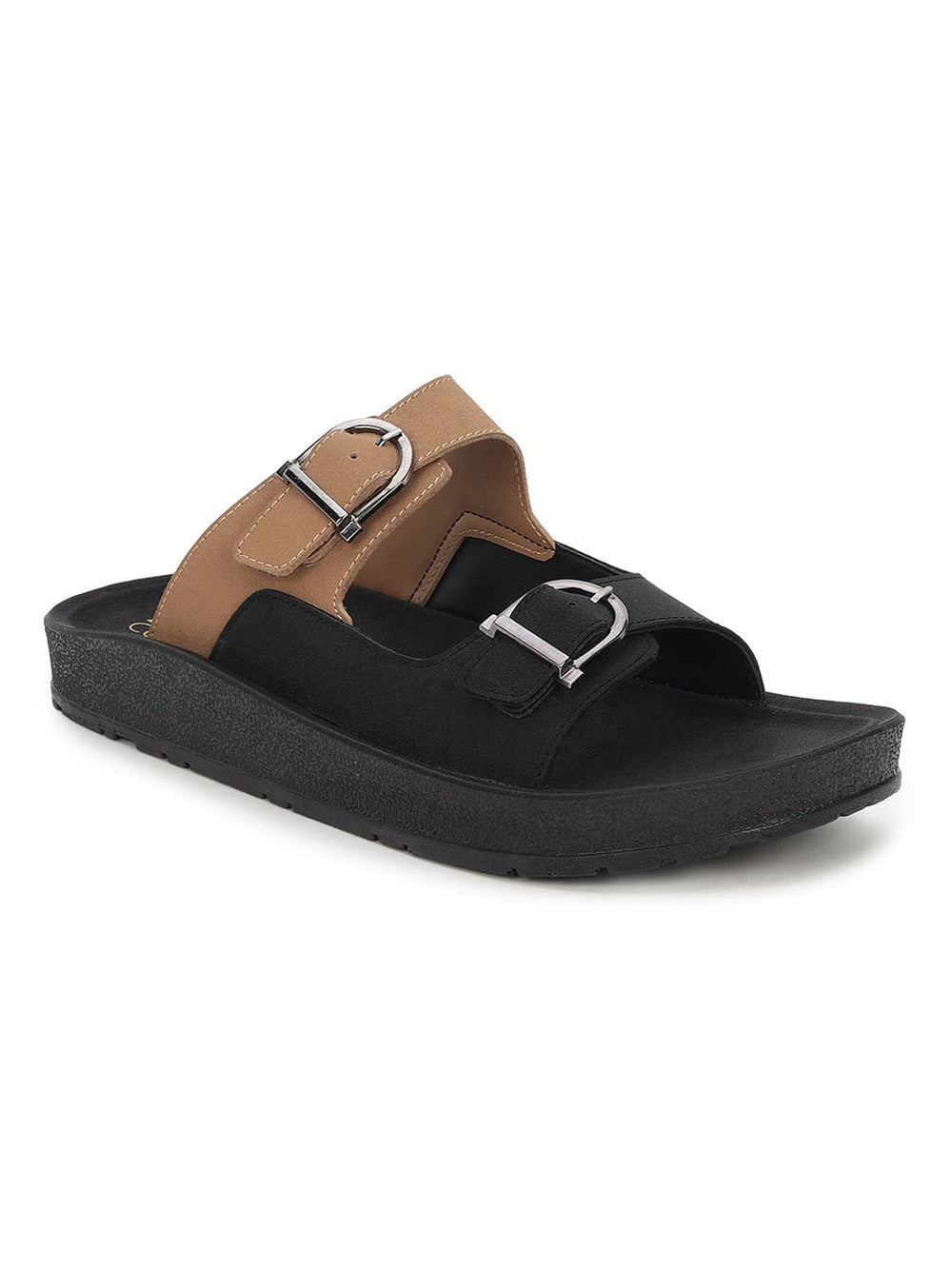 Paragon Men Sandals Dual Buckle Flat Slip On for Comfortable Cushioned Soft Footbed for All Day Use