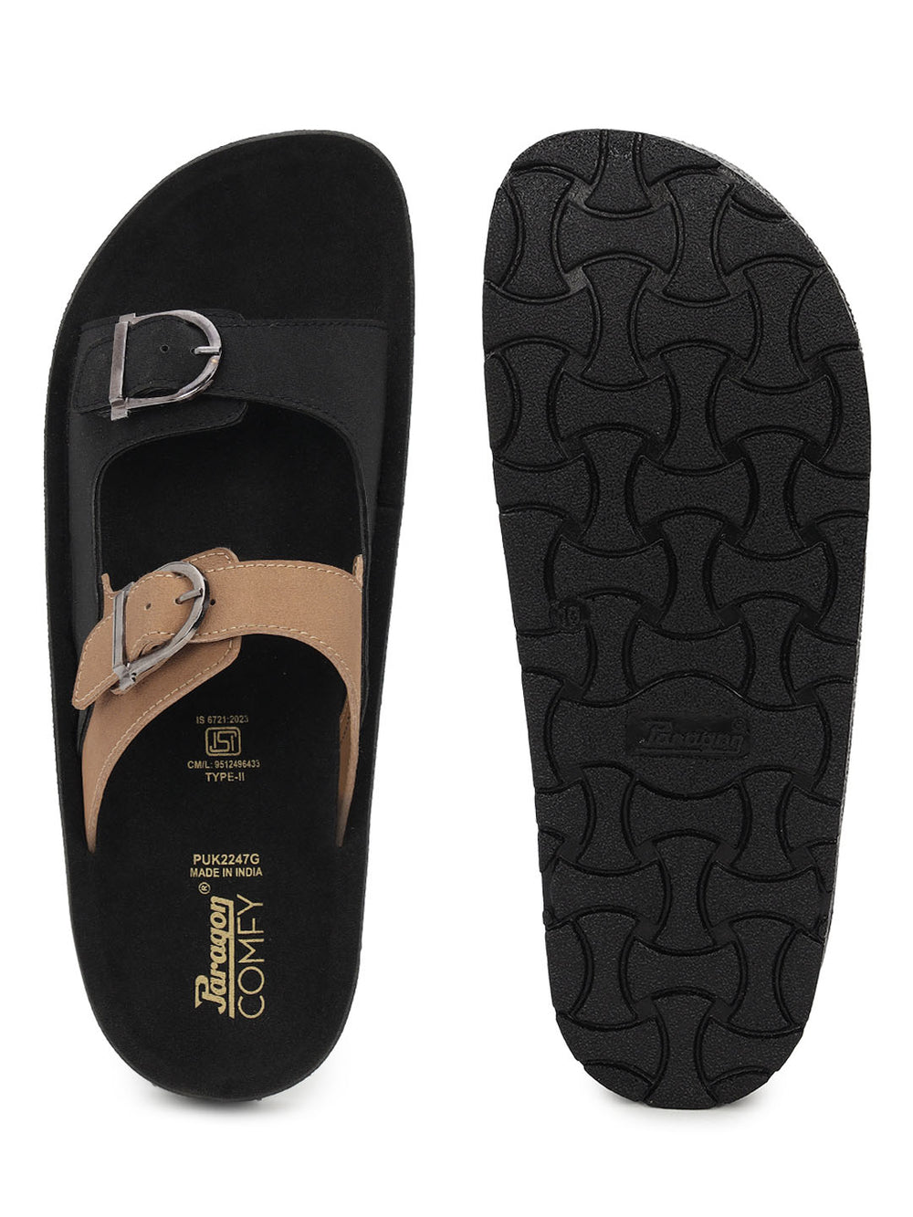 Paragon Men Sandals Dual Buckle Flat Slip On for Comfortable Cushioned Soft Footbed for All Day Use