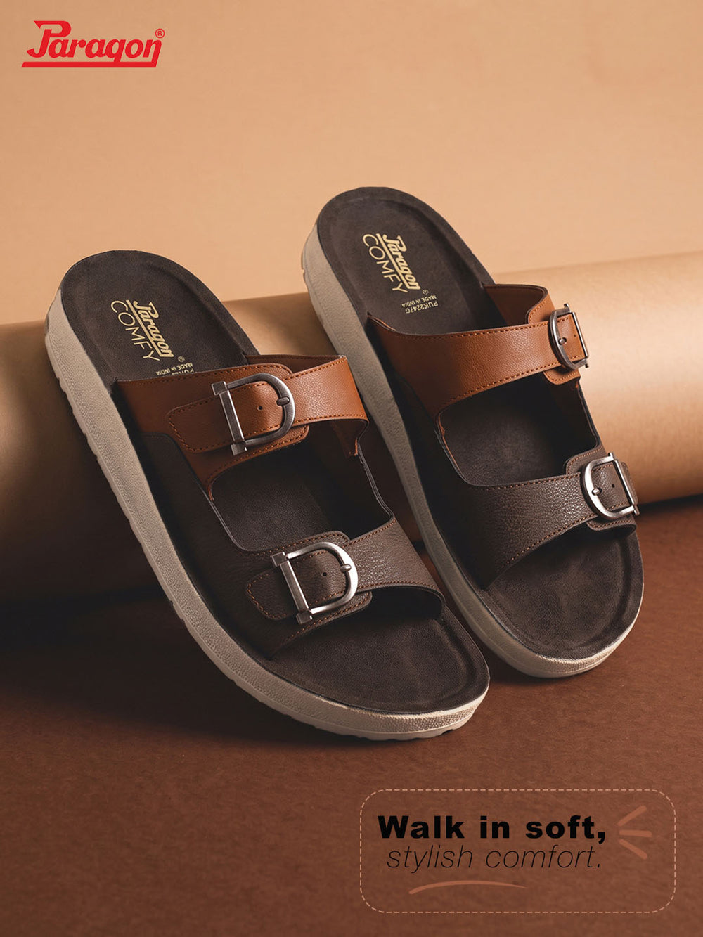 Paragon Men Sandals Dual Buckle Flat Slip On for Comfortable Cushioned Soft Footbed for All Day Use