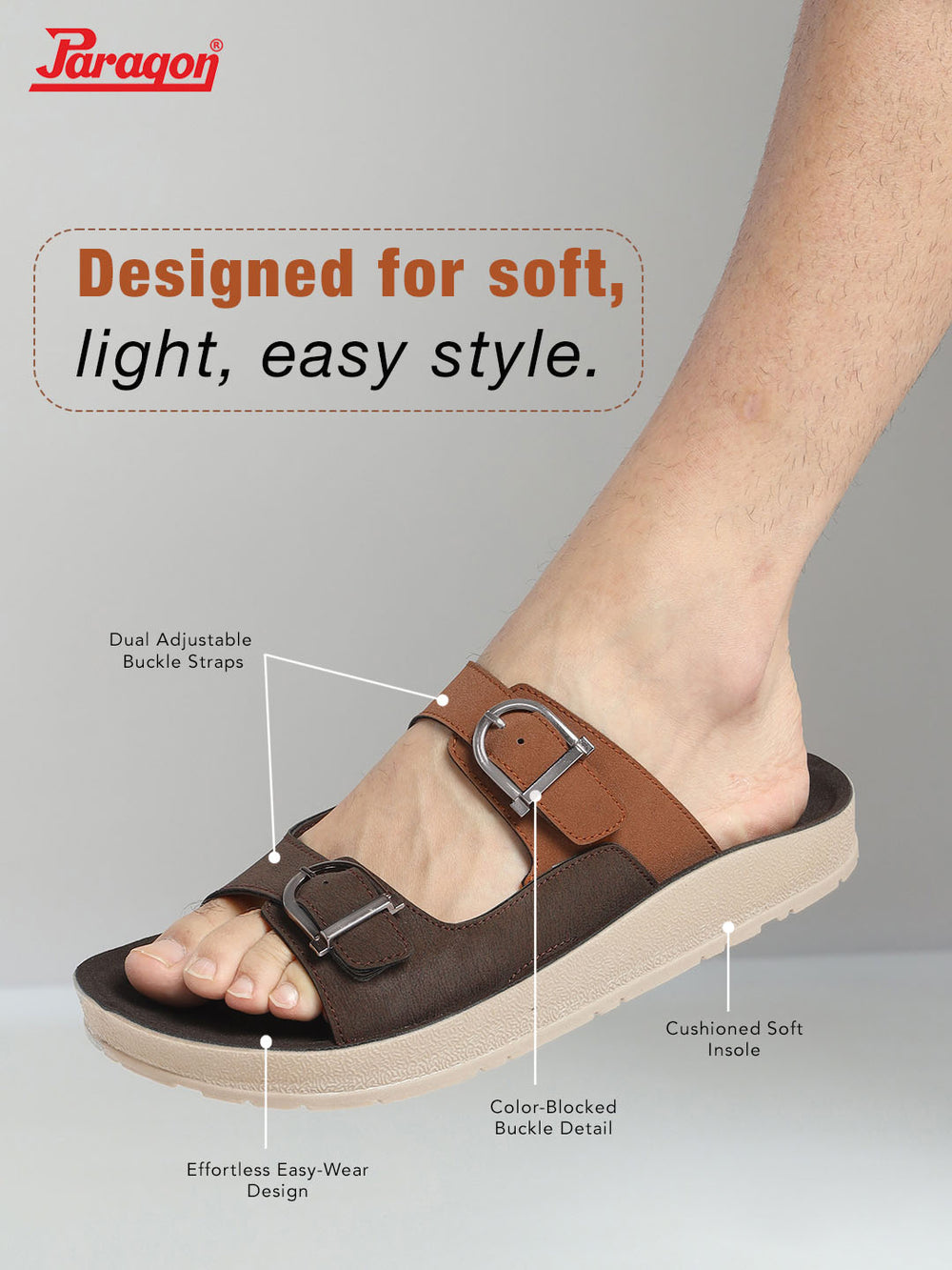 Paragon Men Sandals Dual Buckle Flat Slip On for Comfortable Cushioned Soft Footbed for All Day Use