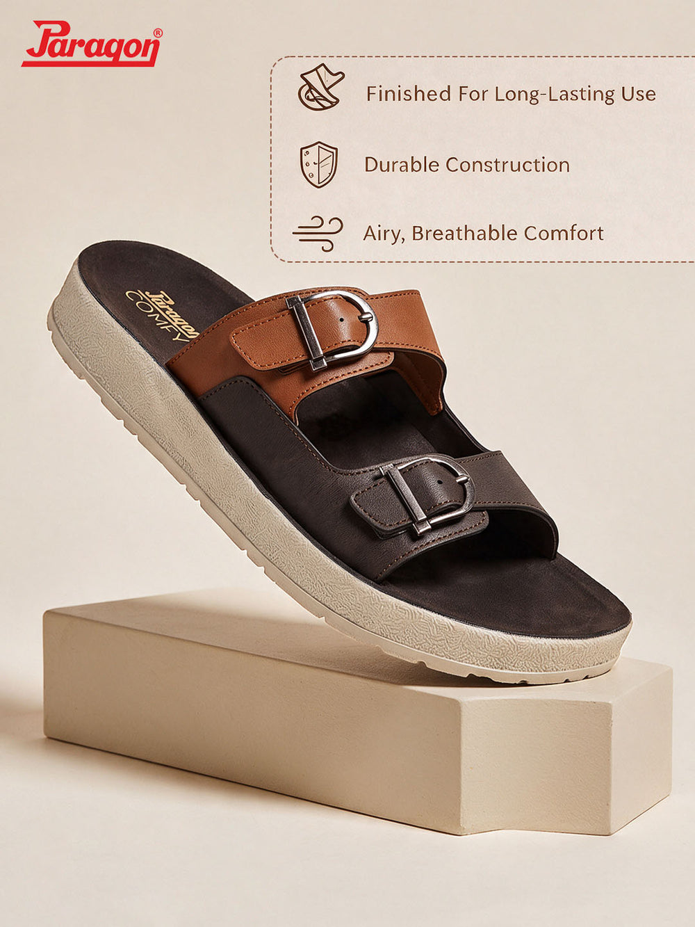 Paragon Men Sandals Dual Buckle Flat Slip On for Comfortable Cushioned Soft Footbed for All Day Use