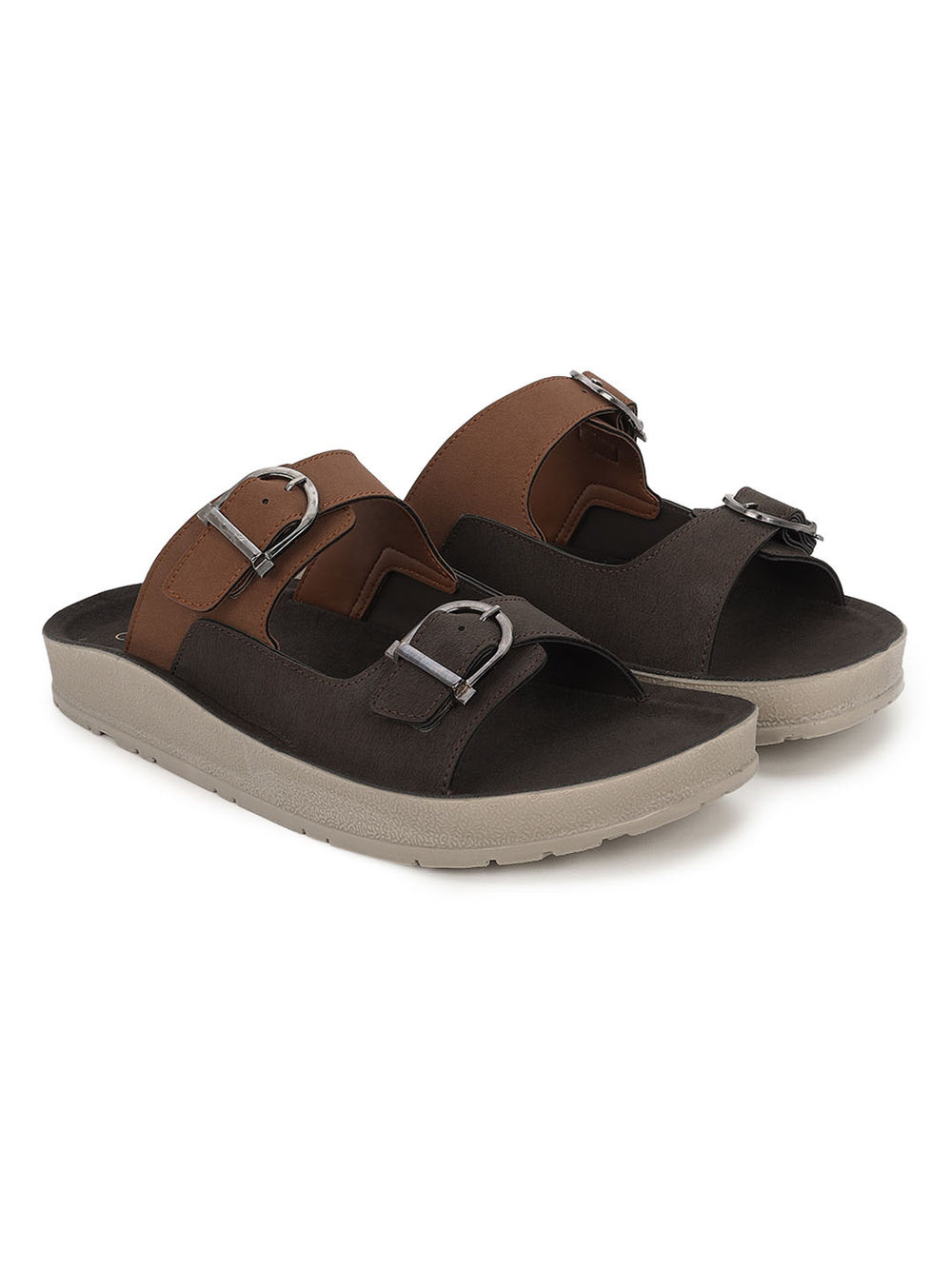 Paragon Men Sandals Dual Buckle Flat Slip On for Comfortable Cushioned Soft Footbed for All Day Use