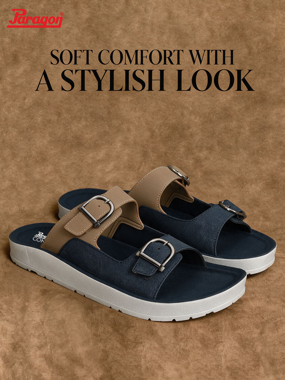Paragon Men Sandals Dual Buckle Flat Slip On for Comfortable Cushioned Soft Footbed for All Day Use