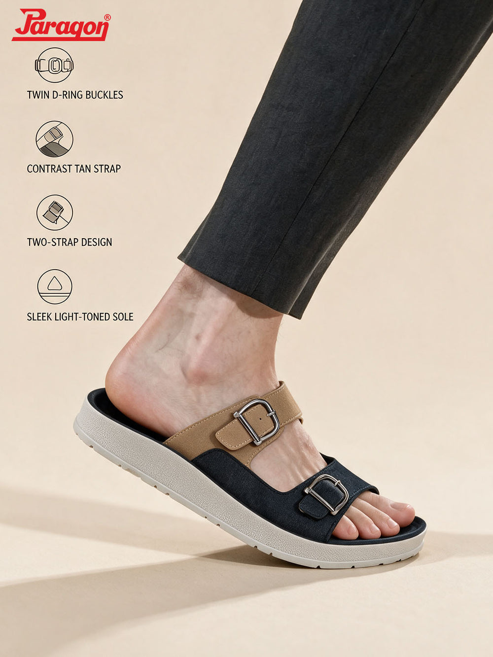 Paragon Men Sandals Dual Buckle Flat Slip On for Comfortable Cushioned Soft Footbed for All Day Use