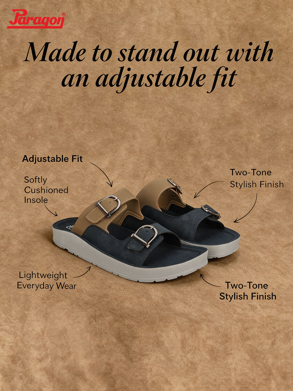 Paragon Men Sandals Dual Buckle Flat Slip On for Comfortable Cushioned Soft Footbed for All Day Use