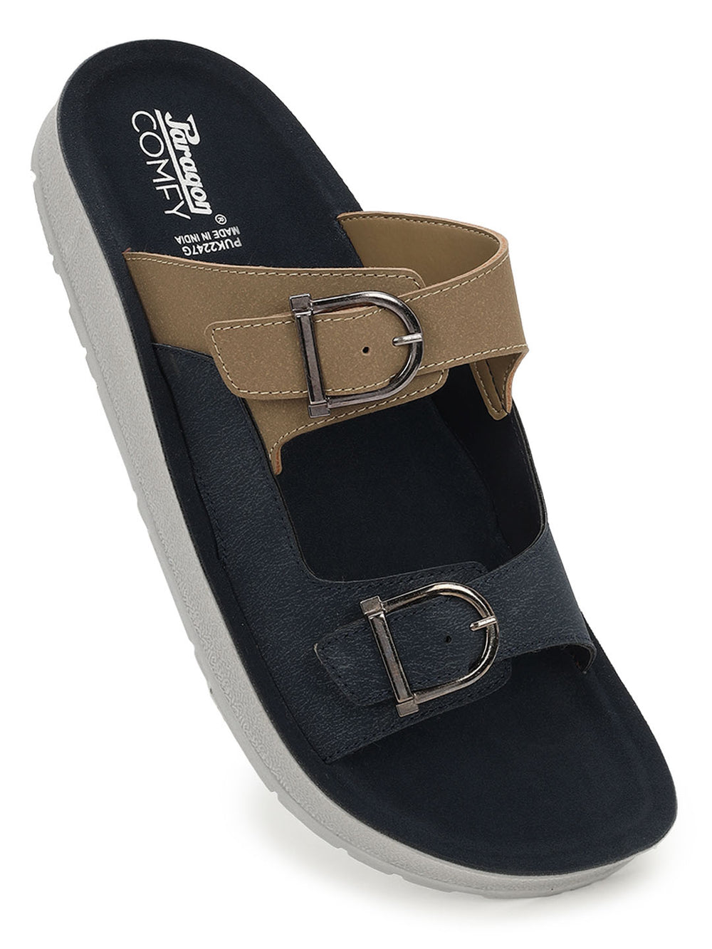 Paragon Men Sandals Dual Buckle Flat Slip On for Comfortable Cushioned Soft Footbed for All Day Use