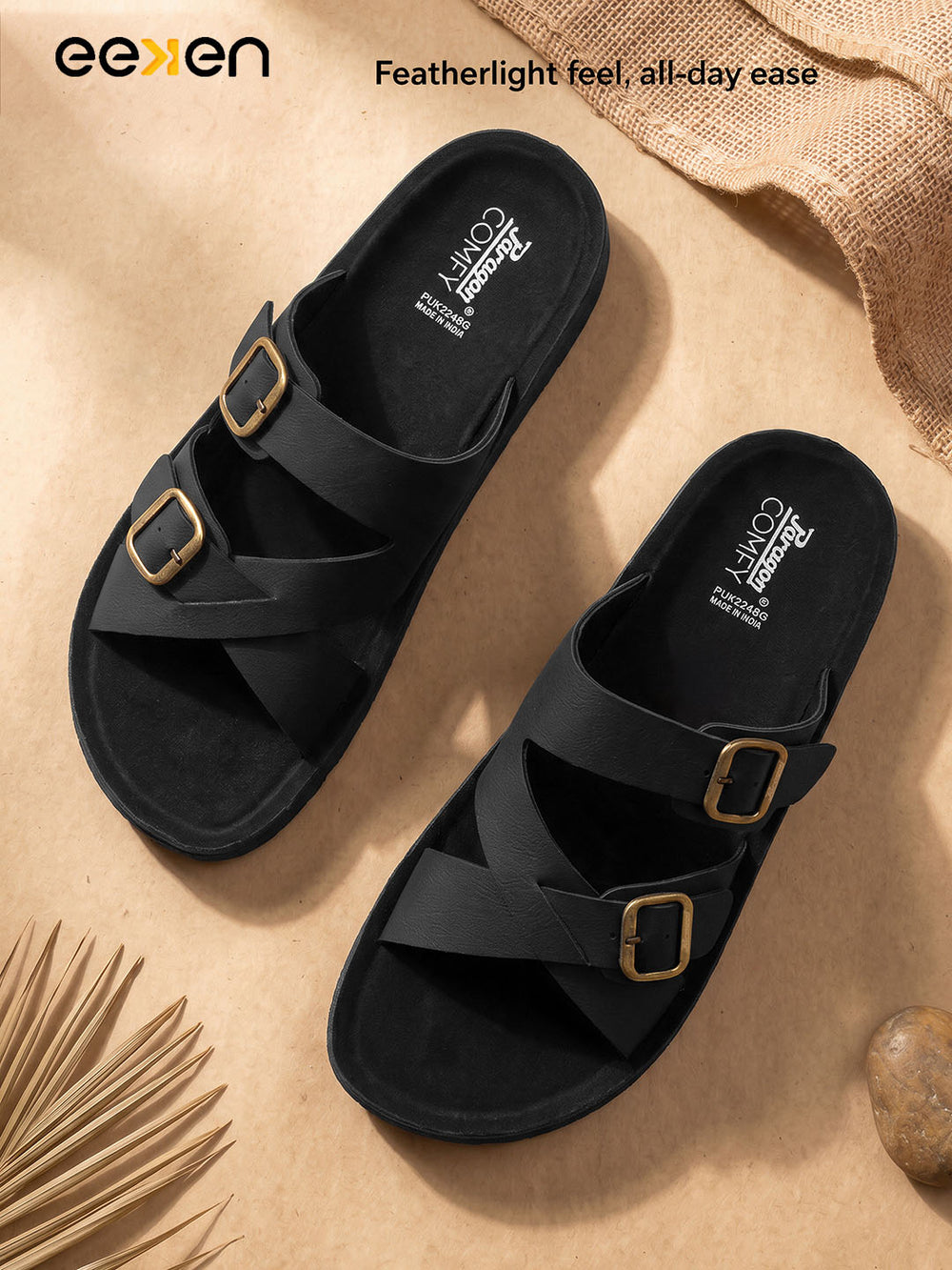Paragon Men Sandals Dual Buckle Flat Slip On for Comfortable Cushioned Soft Footbed for All Day Use