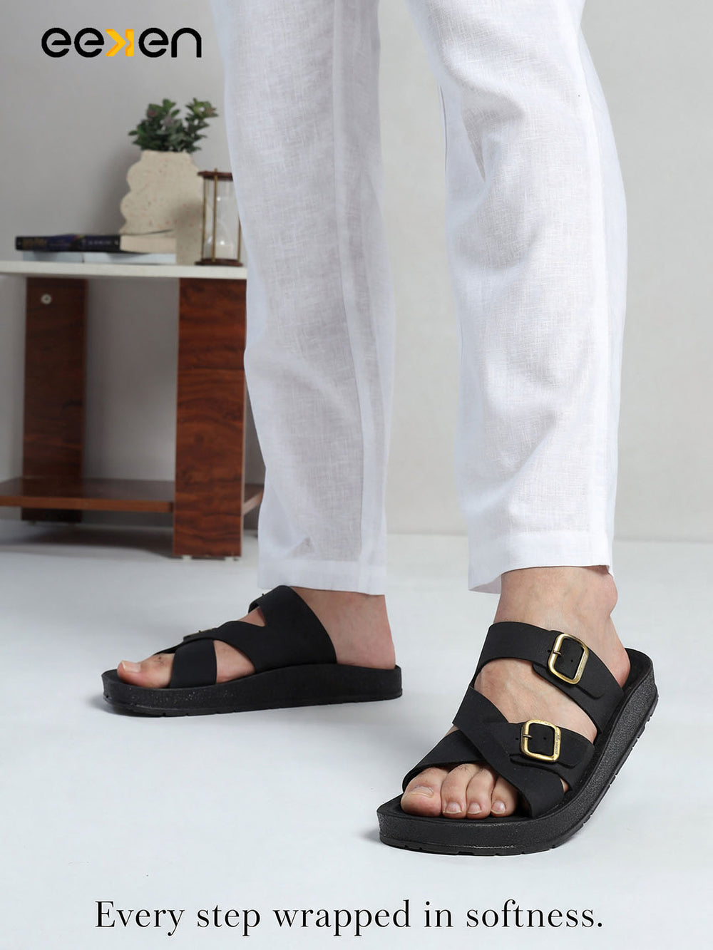 Paragon Men Sandals Dual Buckle Flat Slip On for Comfortable Cushioned Soft Footbed for All Day Use