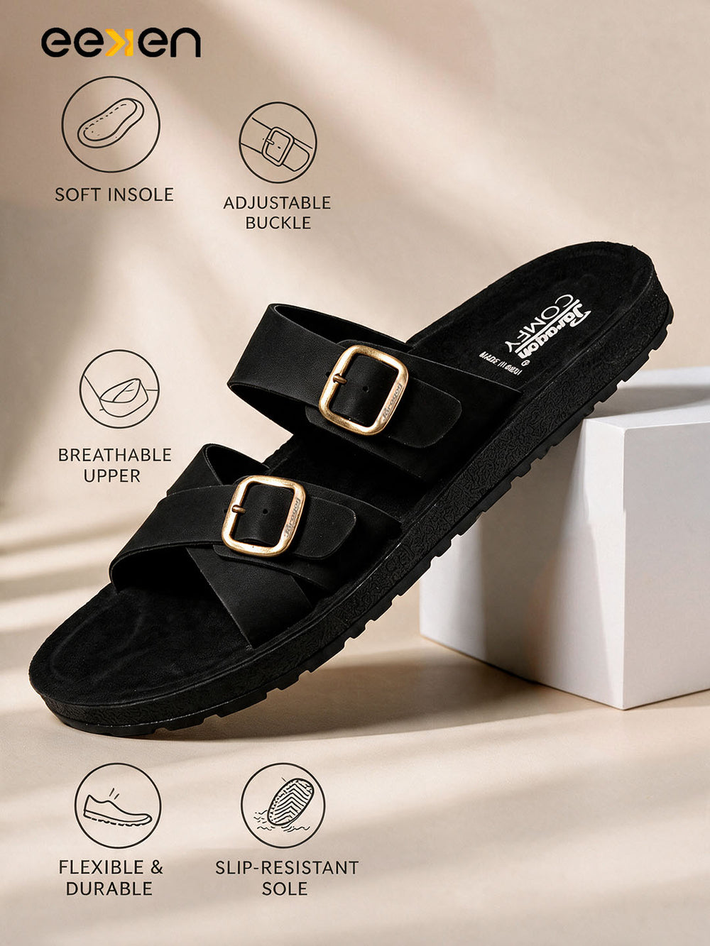 Paragon Men Sandals Dual Buckle Flat Slip On for Comfortable Cushioned Soft Footbed for All Day Use