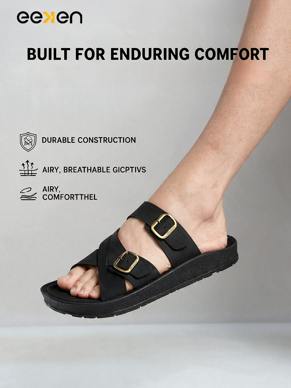 Paragon Men Sandals Dual Buckle Flat Slip On for Comfortable Cushioned Soft Footbed for All Day Use