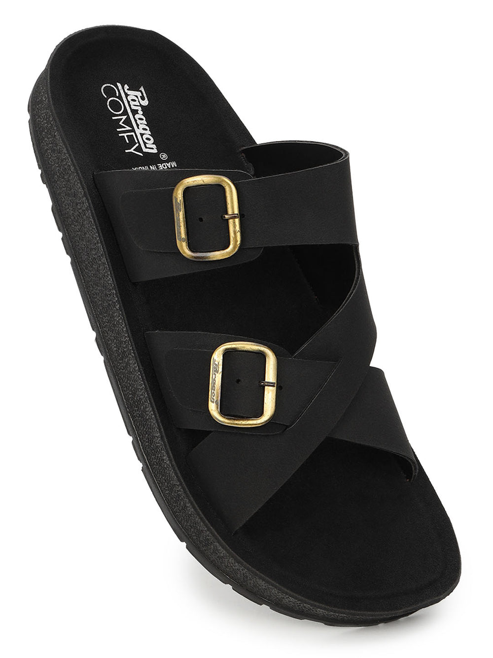 Paragon Men Sandals Dual Buckle Flat Slip On for Comfortable Cushioned Soft Footbed for All Day Use