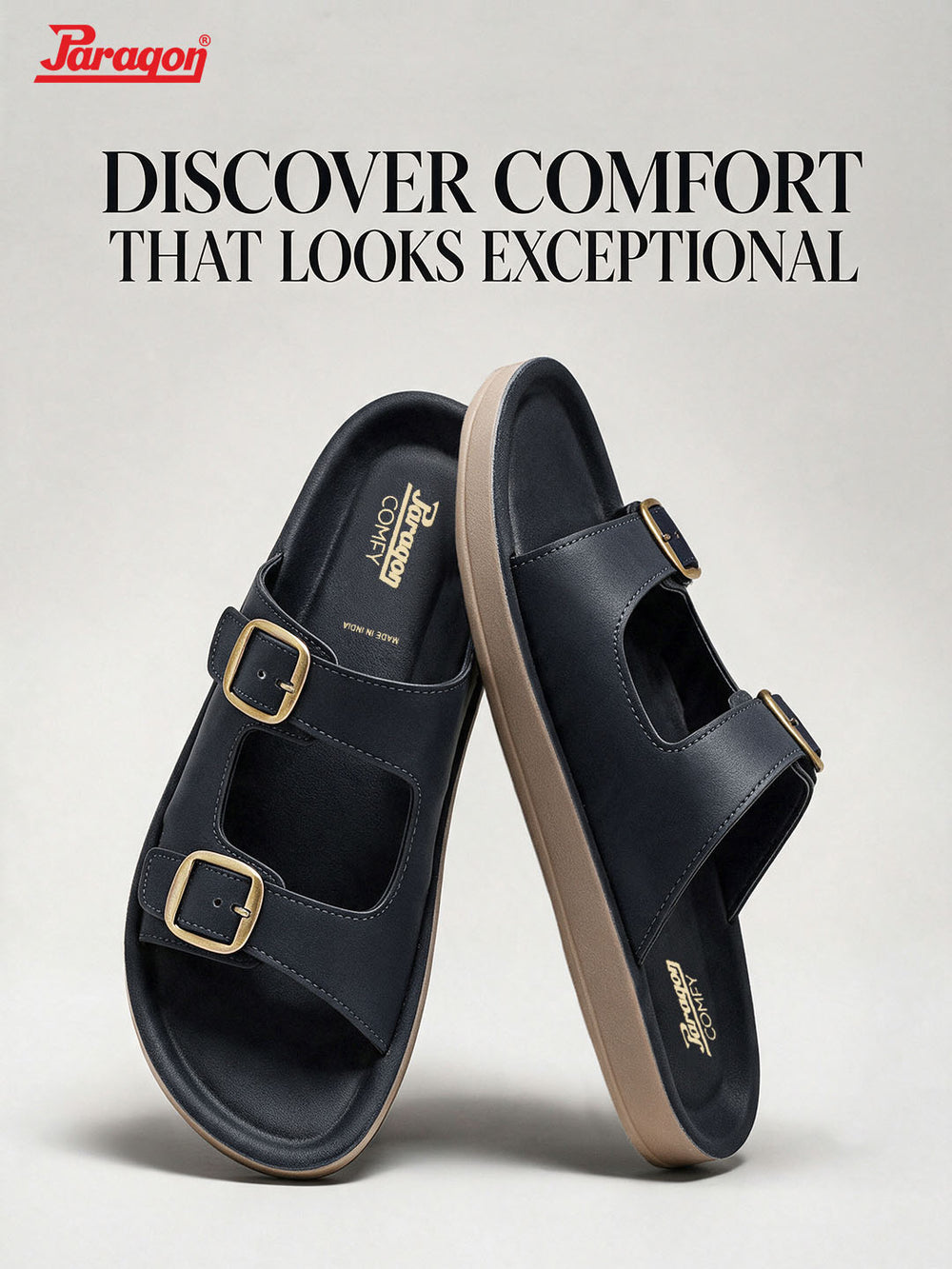 Paragon Men Sandals Dual Buckle Flat Slip On for Comfortable Cushioned Soft Footbed for All Day Use