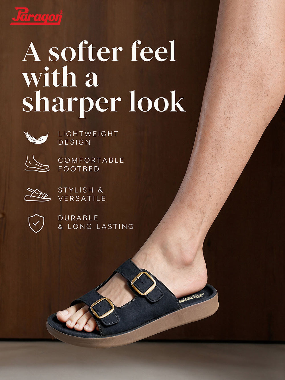 Paragon Men Sandals Dual Buckle Flat Slip On for Comfortable Cushioned Soft Footbed for All Day Use