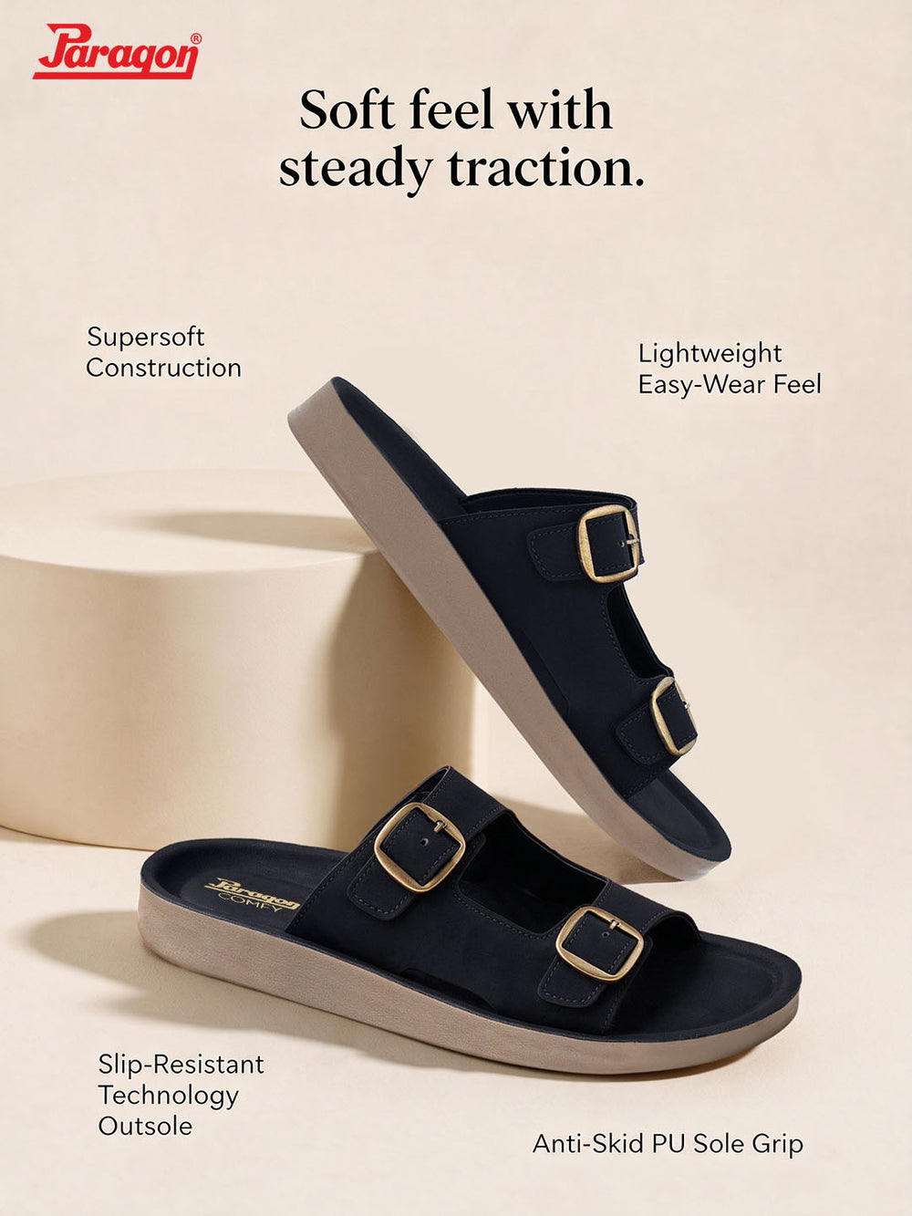 Paragon Men Sandals Dual Buckle Flat Slip On for Comfortable Cushioned Soft Footbed for All Day Use