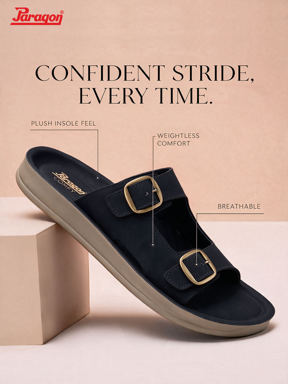 Paragon Men Sandals Dual Buckle Flat Slip On for Comfortable Cushioned Soft Footbed for All Day Use