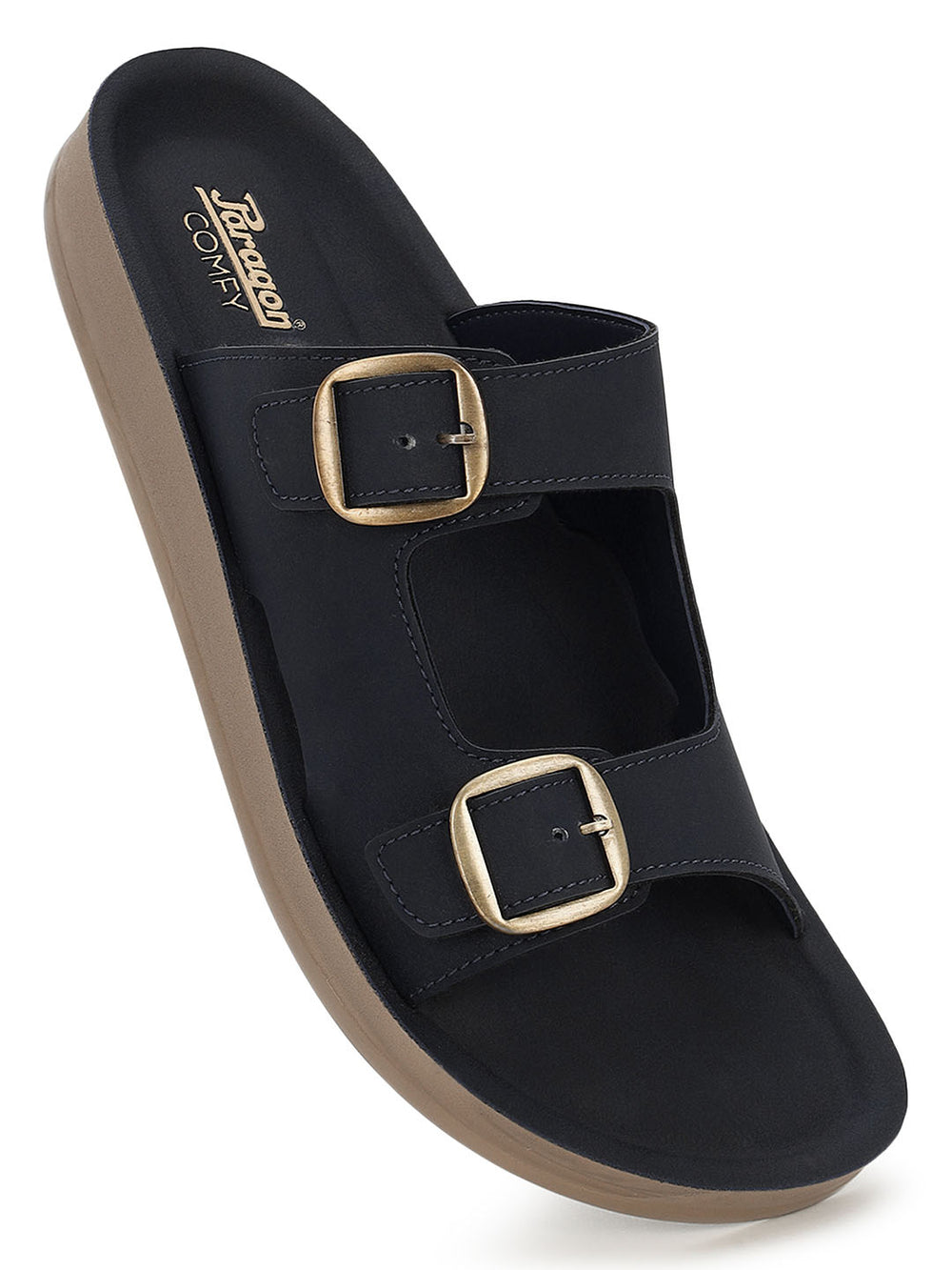 Paragon Men Sandals Dual Buckle Flat Slip On for Comfortable Cushioned Soft Footbed for All Day Use