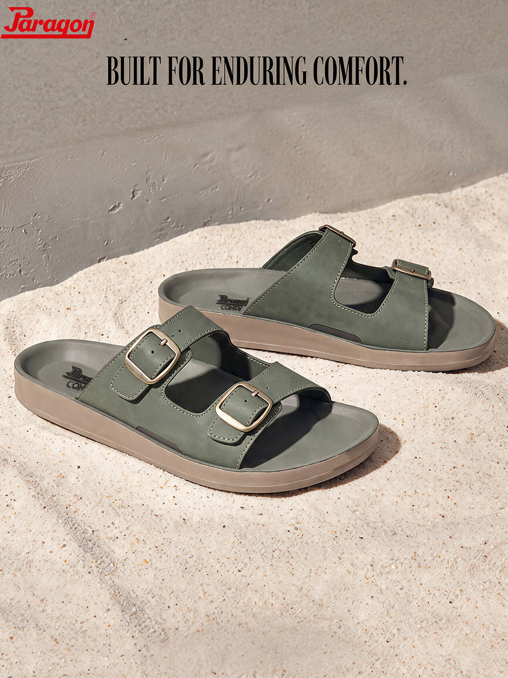 Paragon Men Sandals Dual Buckle Flat Slip On for Comfortable Cushioned Soft Footbed for All Day Use