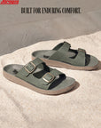 Paragon Men Sandals Dual Buckle Flat Slip On for Comfortable Cushioned Soft Footbed for All Day Use
