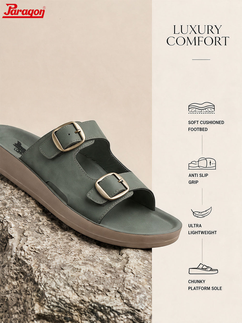 Paragon Men Sandals Dual Buckle Flat Slip On for Comfortable Cushioned Soft Footbed for All Day Use