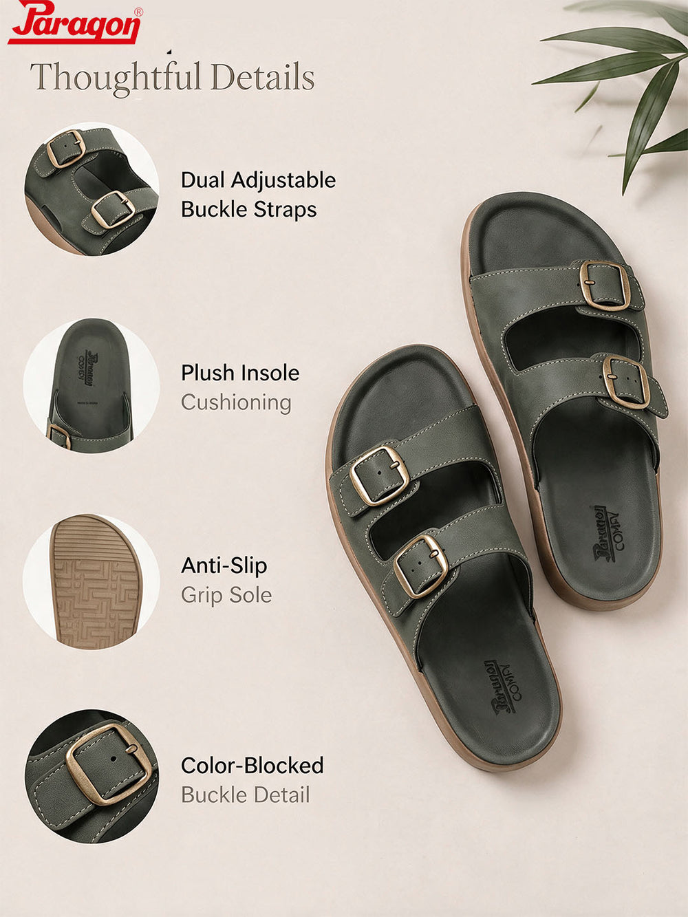 Paragon Men Sandals Dual Buckle Flat Slip On for Comfortable Cushioned Soft Footbed for All Day Use