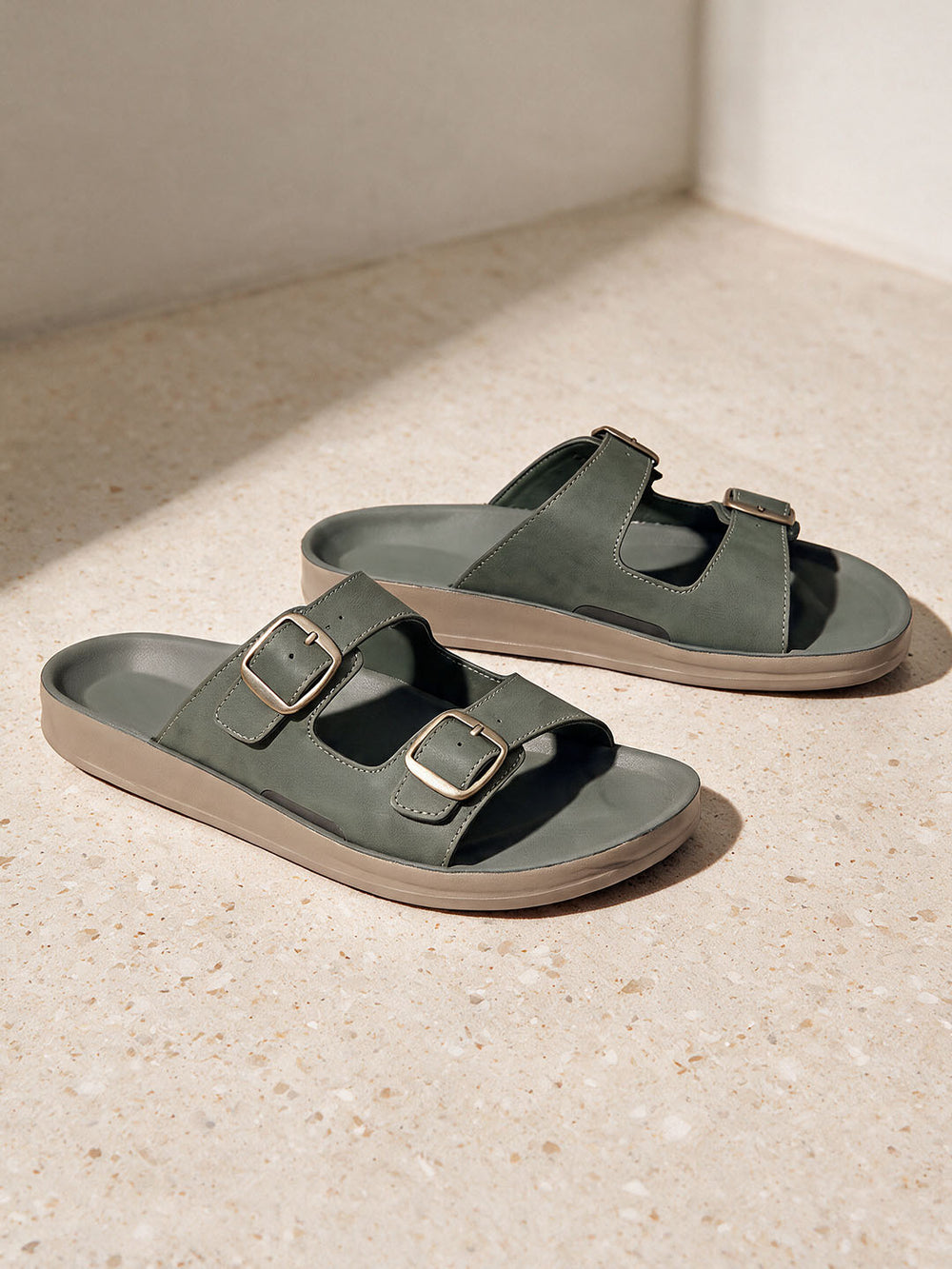 Paragon Men Sandals Dual Buckle Flat Slip On for Comfortable Cushioned Soft Footbed for All Day Use